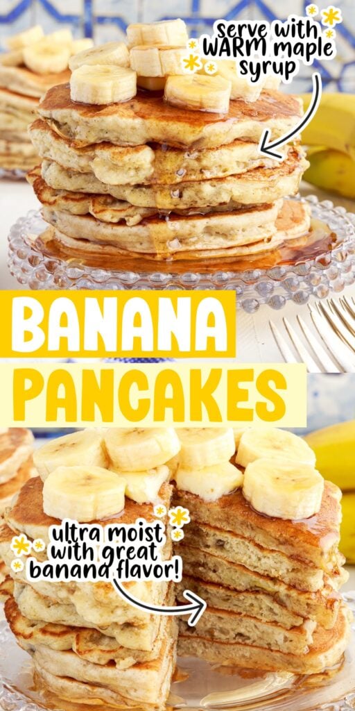 Two images of banana buttermilk pancakes stacked on each other with banana slices on top the bottom picture has a chunk missing with text overlay.