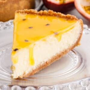 Close up of a slice of Passionfruit Cheesecake.