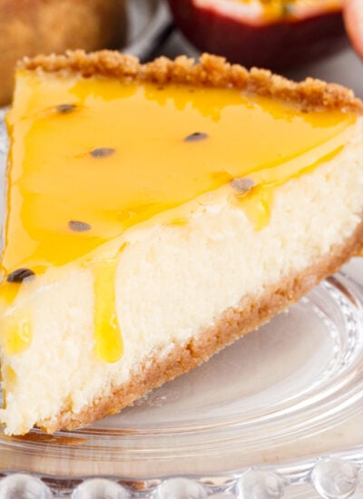 Close up of a slice of Passionfruit Cheesecake.