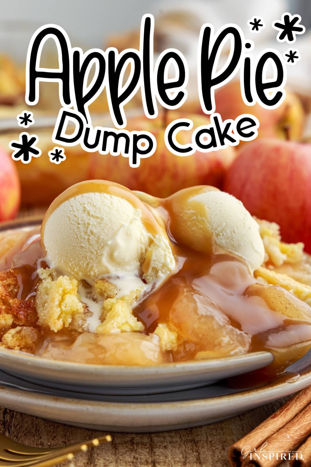 Apple Pie Dump Cake on a plate with ice cream and caramel with text overlay.