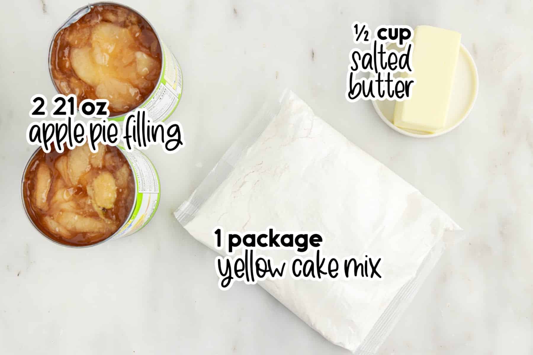 Ingredients needed to make Apple Pie Dump Cake with text overlay.