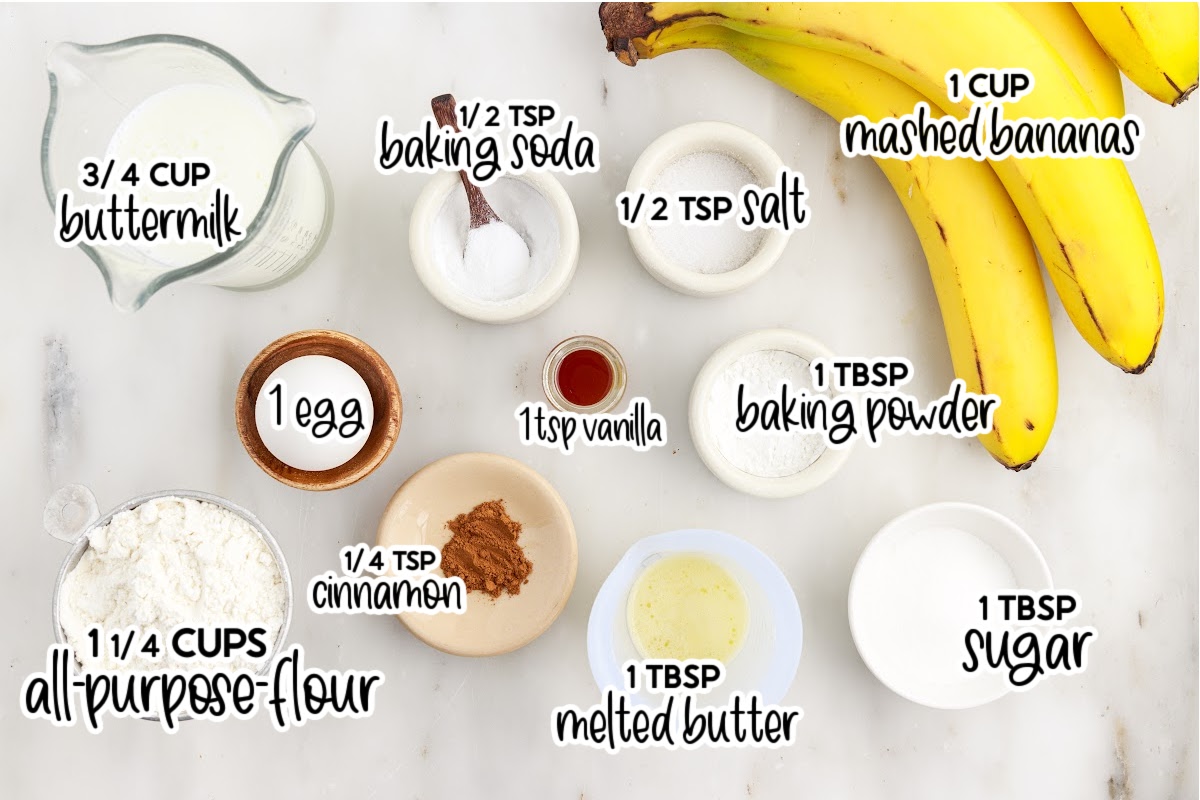 Ingredients needed to make banana buttermilk pancakes with text overlay.