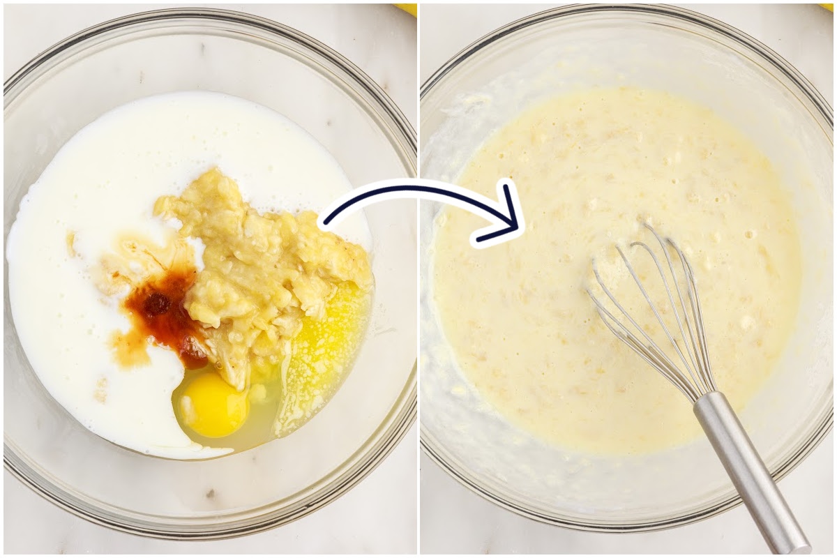 Two bowls of wet ingredients, one after ingredients have been mixed with a whisk.
