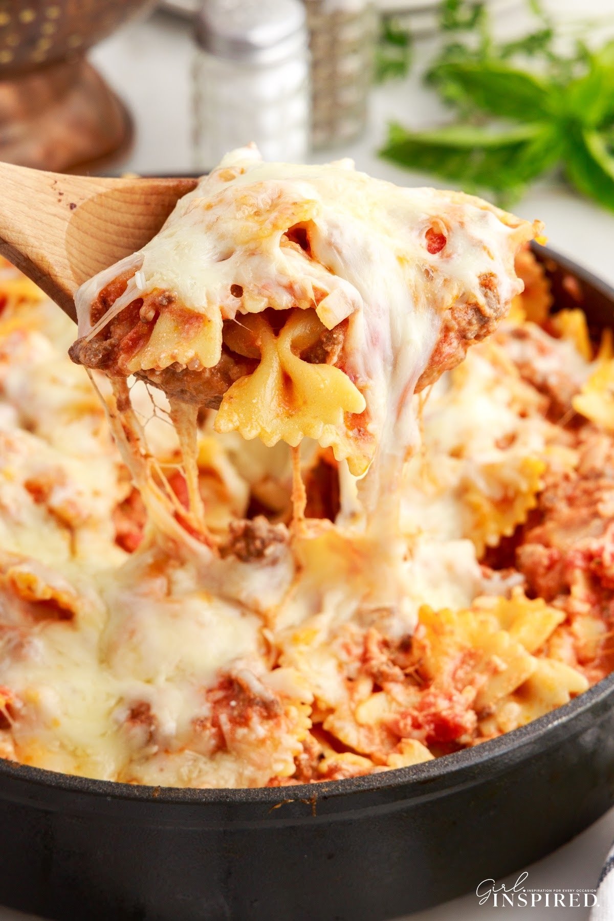 Bow Tie Lasagna in a skillet.