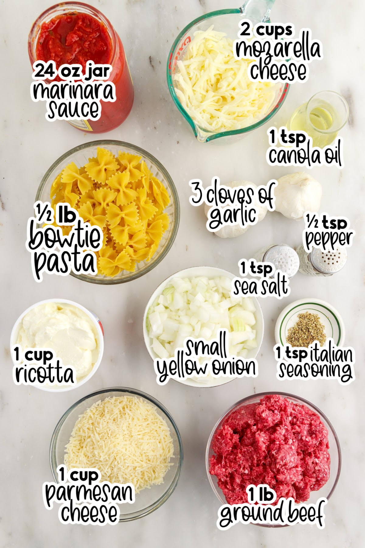 Ingredients needed to make Bow Tie Lasagna with text overlay.