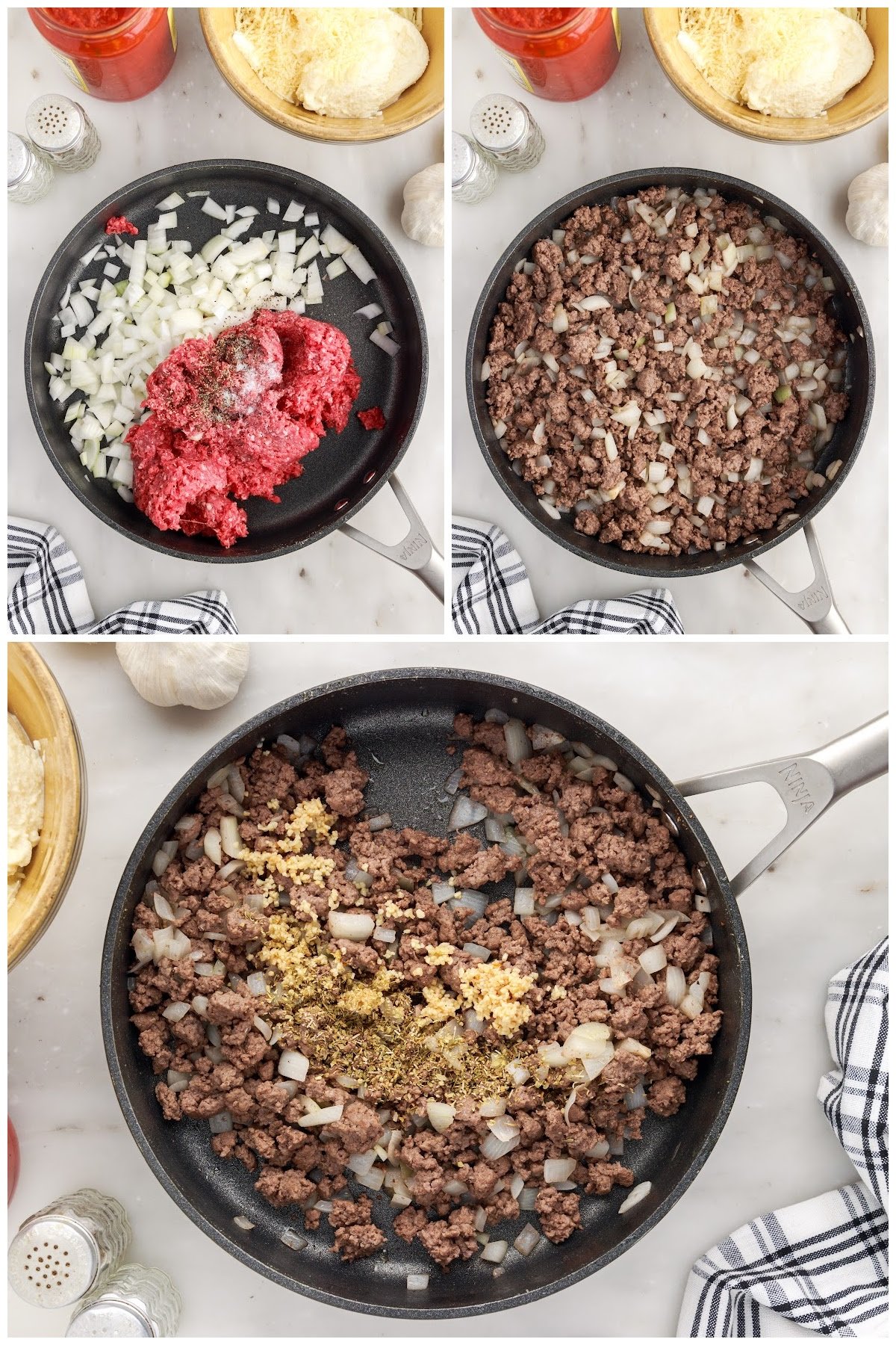 Three images of ground beef being cooked in a skillet with onions and seasonings.