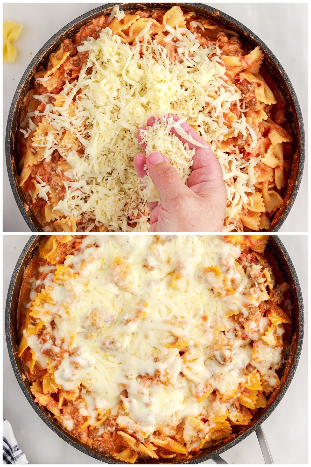 Two images of Bow Tie Lasagna with cheese being added and Bow Tie Lasagna with cheese melted on top.