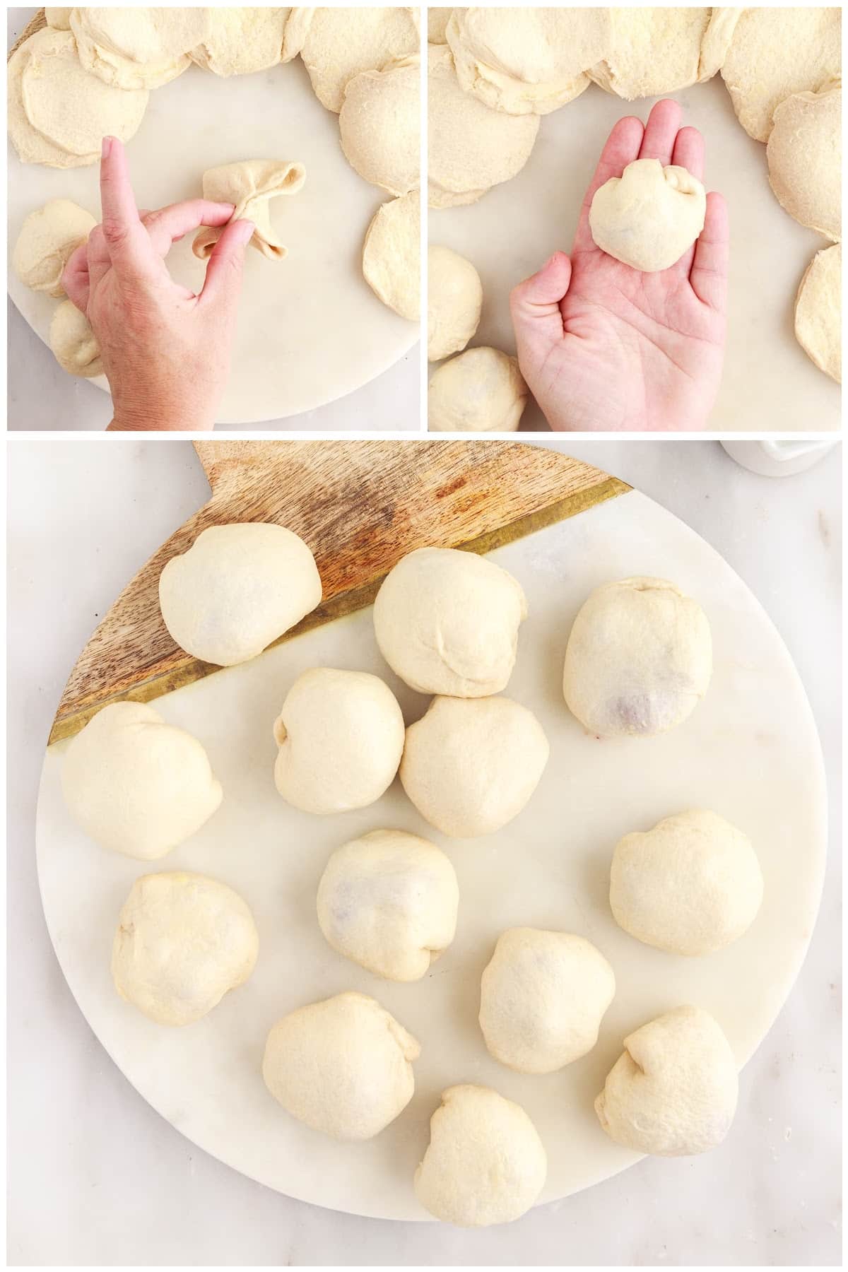 Three image of cherry pie filled dough rolled into balls.