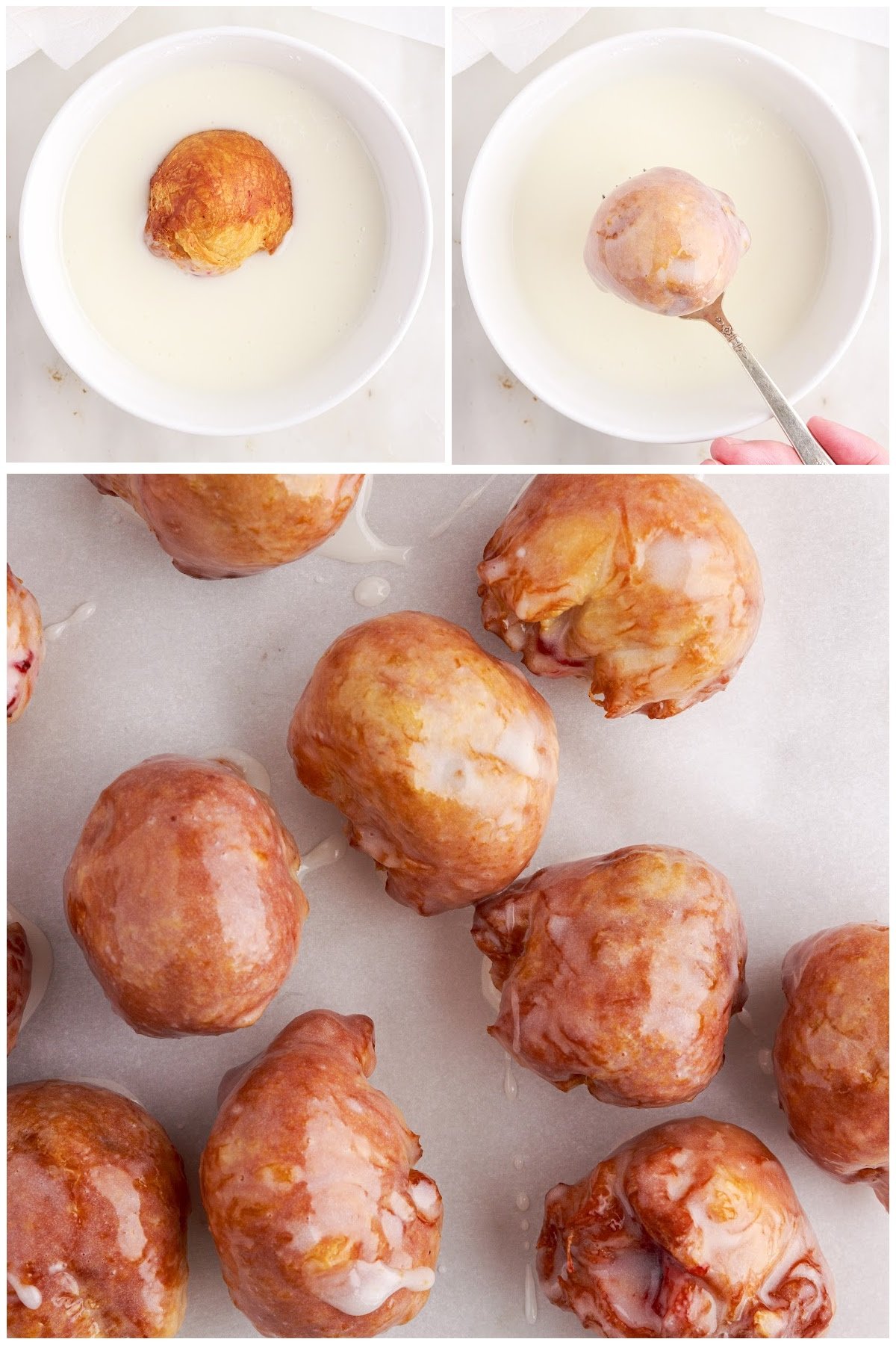 Three images of Cherry Pie Bombs being dipped in icing.