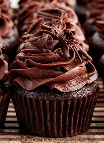 Front zoomed view of Double Chocolate Cupcakes.