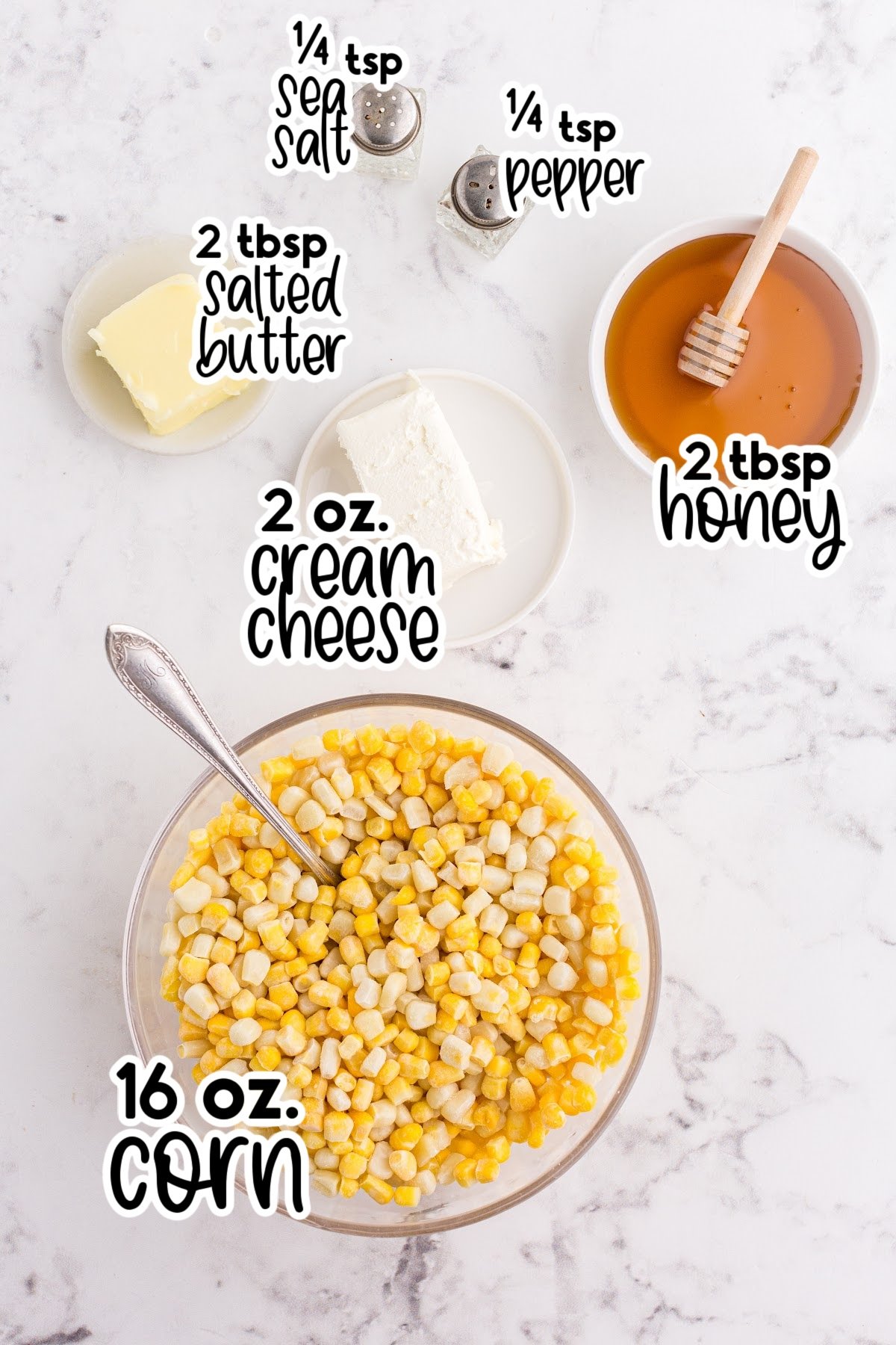 Ingredients needed to make Honey Butter Skillet Corn with text overlay.
