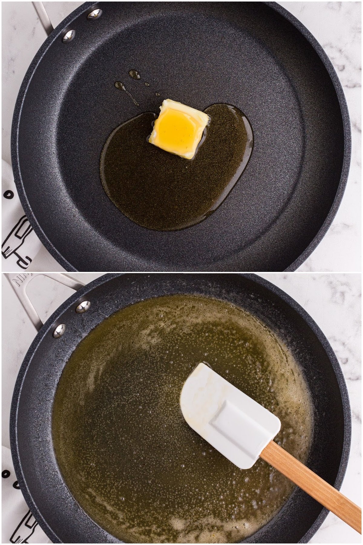 Two images of butter in a skillet and butter after being melted with a spatula.