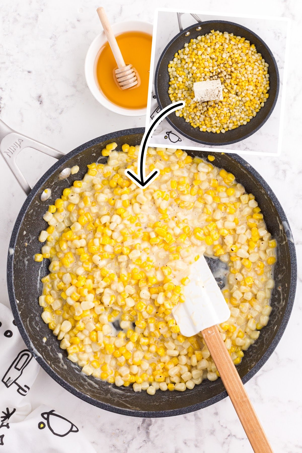 Corn stirred into butter and a skillet with cream cheese added to butter.
