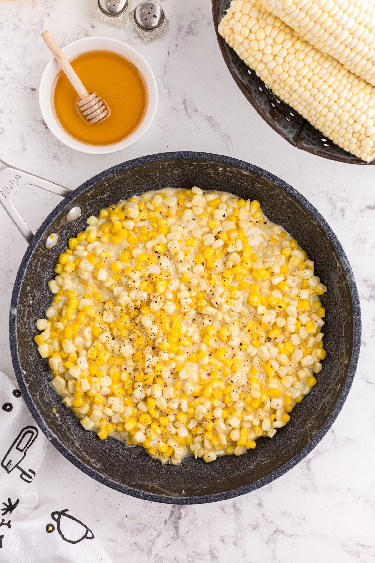 Overhead view of Honey Butter Skillet Corn in a skillet.