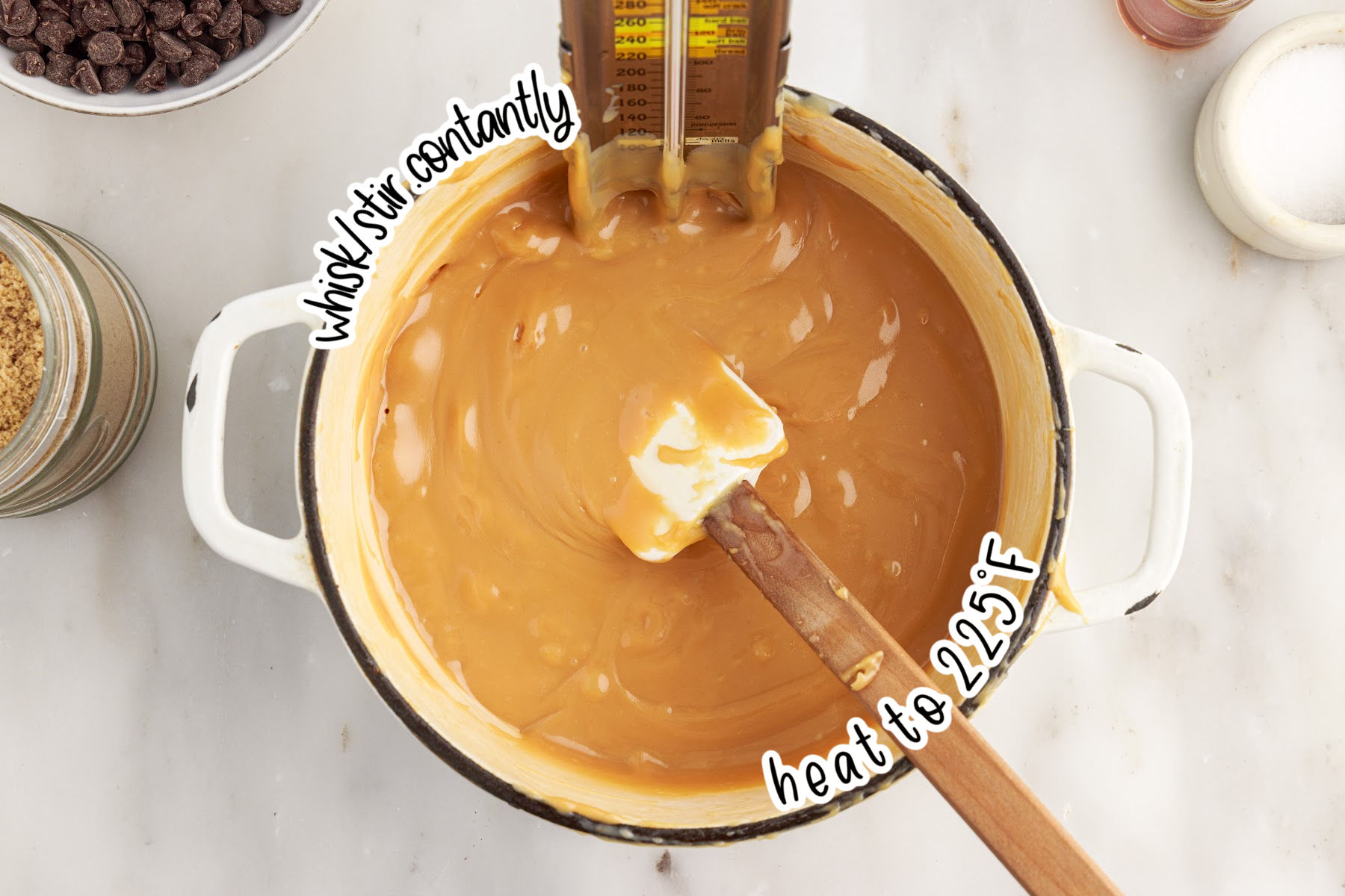 Spatula in saucepan with caramel sauce, candy thermometer, and text "whisk/stir constantly" and "heat to 225°F"