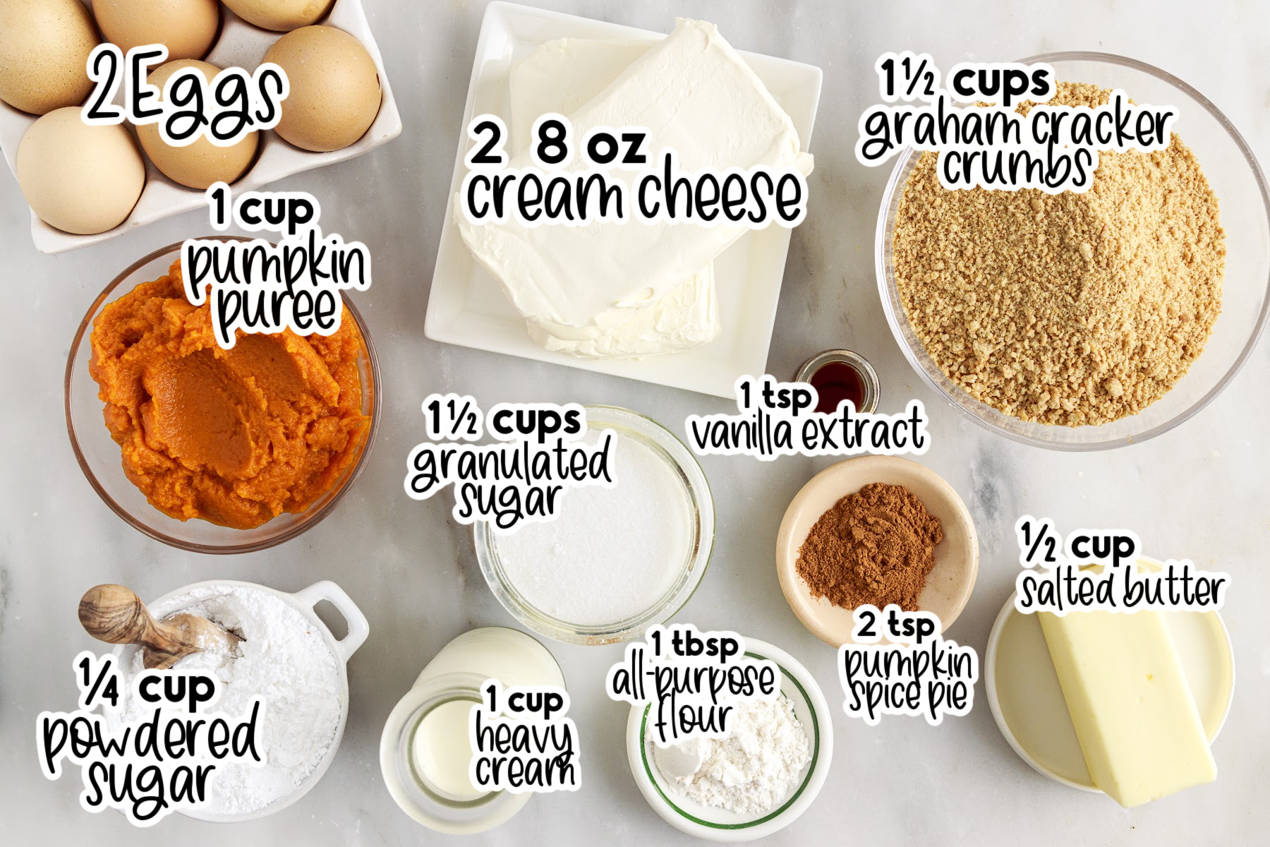 Inidividual plates and bowls with ingredients needed to make mini pumpkin cheesecakes, with text labels.