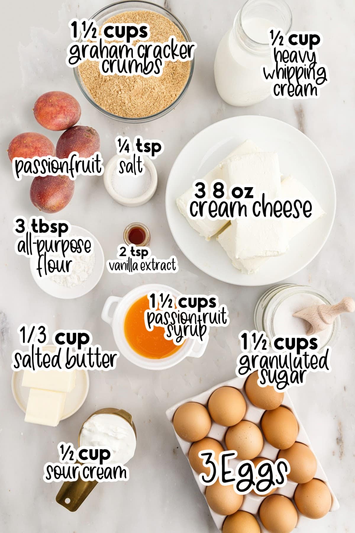 Ingredients needed to make Passionfruit Cheesecake with text overlay.