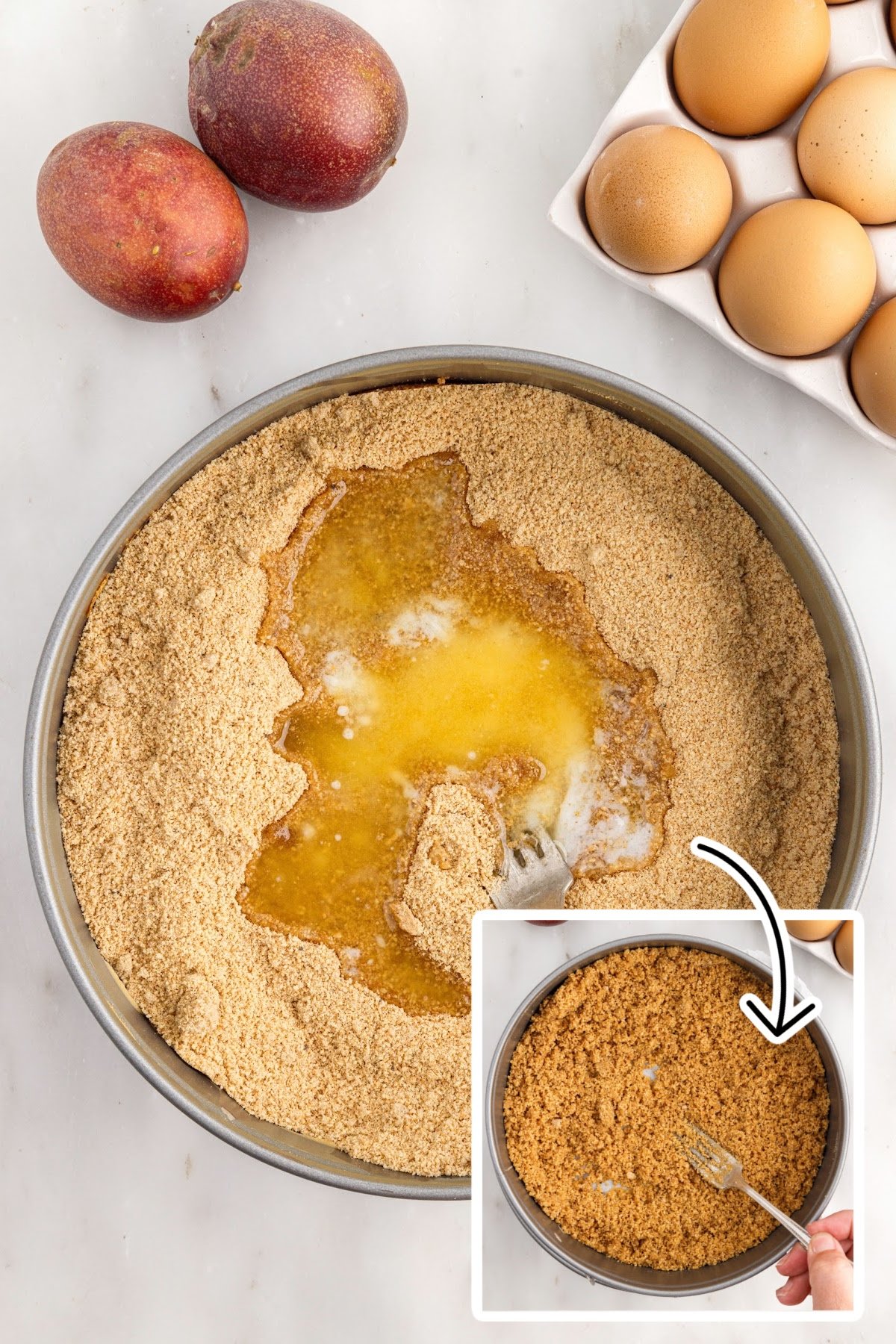 Graham cracker crumbs, butter and sugar in a springform pan and an image of the crust spread out with a fork.