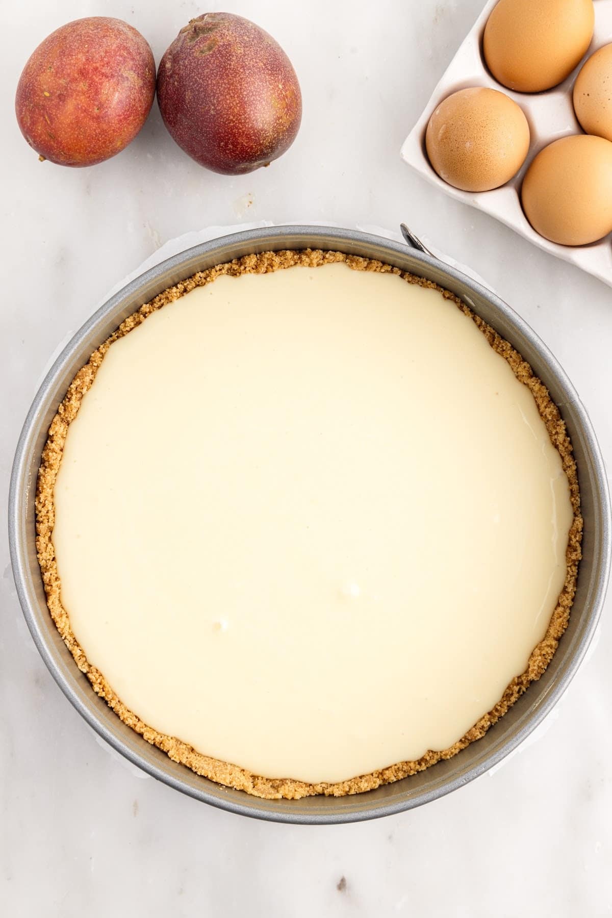 Cream cheese mixture added to the graham crust.