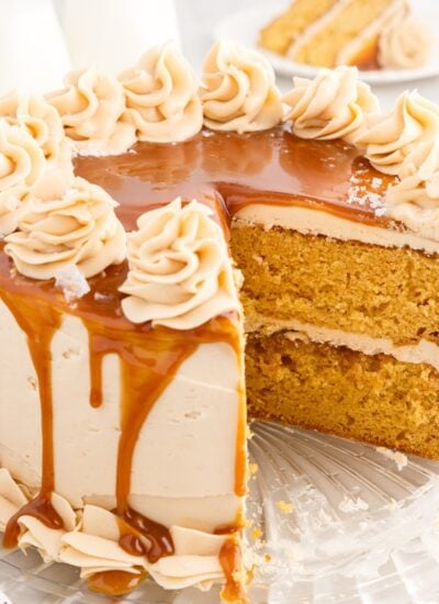 Salted Caramel Cake with a slice missing.