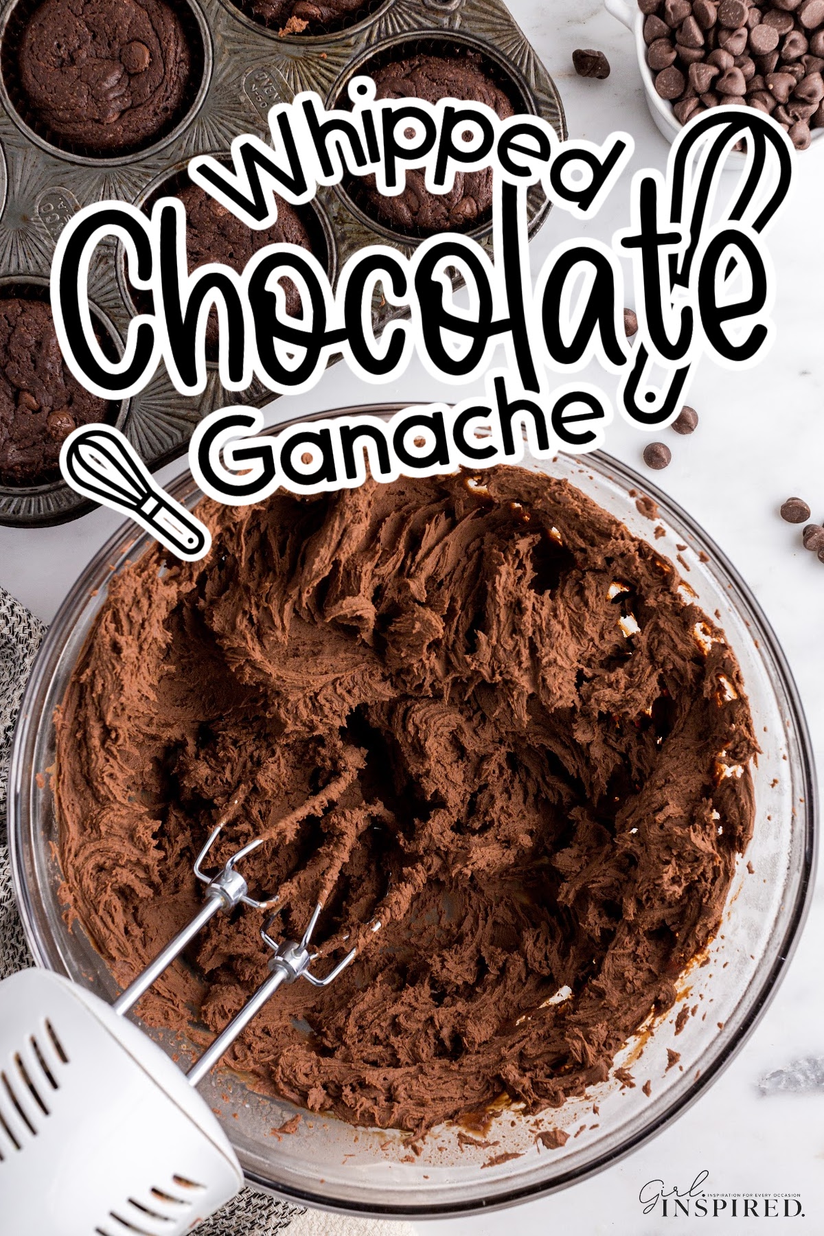Whipped Chocolate Ganache in a mixing bowl with text overlay.