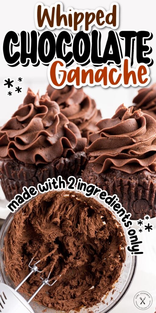 Two images of Whipped Chocolate Ganache cupcakes and a mixing bowl of Whipped Chocolate Ganache with text overlay.
