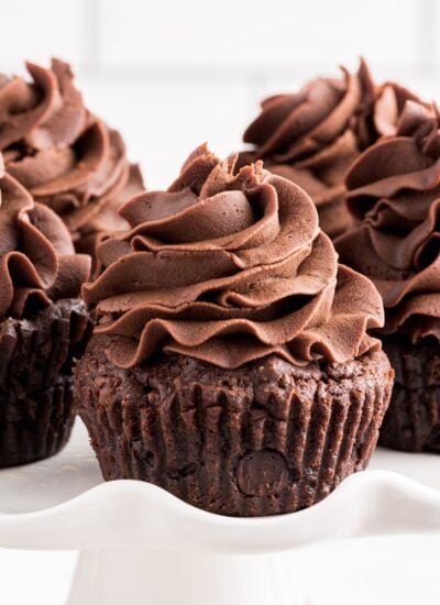 Front close up of Whipped Chocolate Ganache on cupcakes.