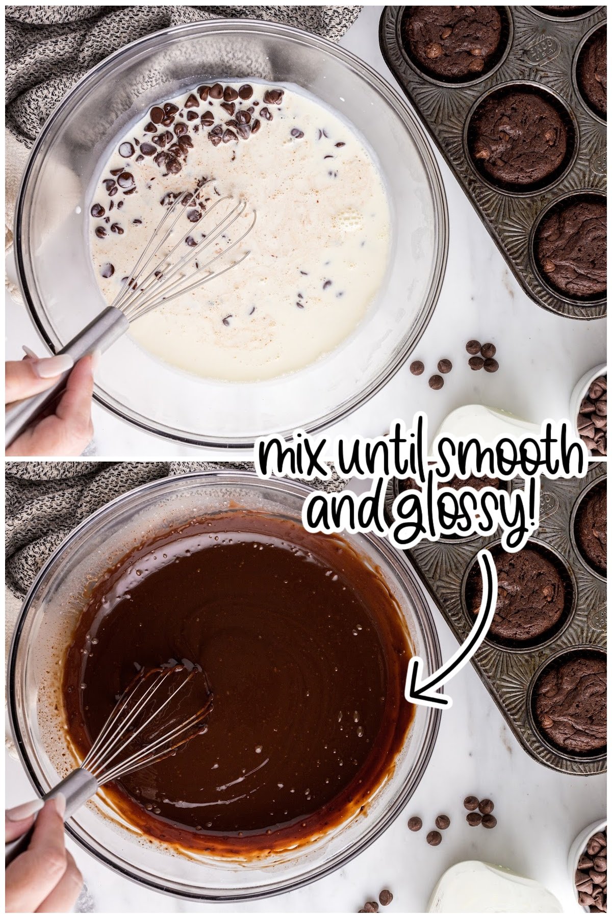 Two images of chips being mixed into heavy cream and chocolate mixed in with cream with text overlay.