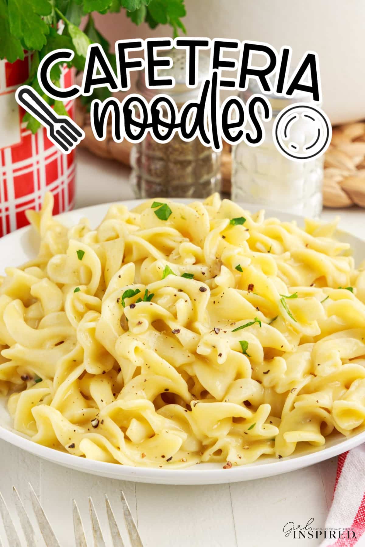 A dish of Cafeteria Noodles with text overlay.