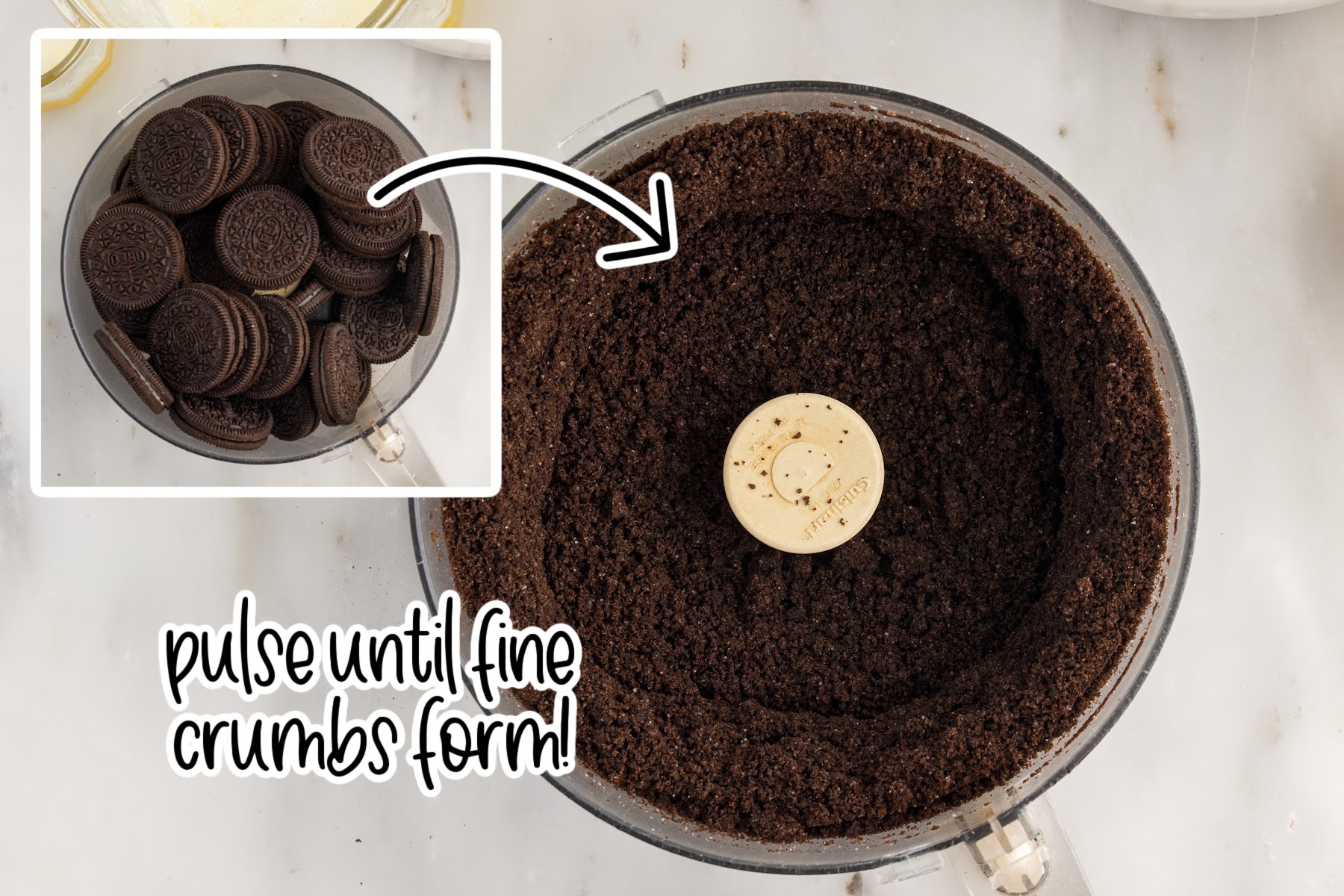 Whole Oreos in a food processor and oreos crushed in a food processor with text overlay.