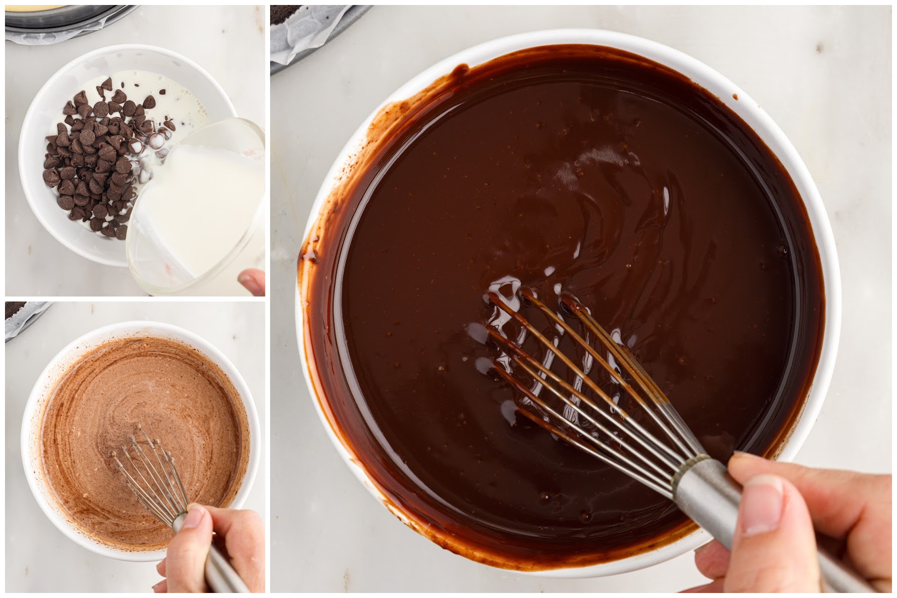 Three images of ganache being made.