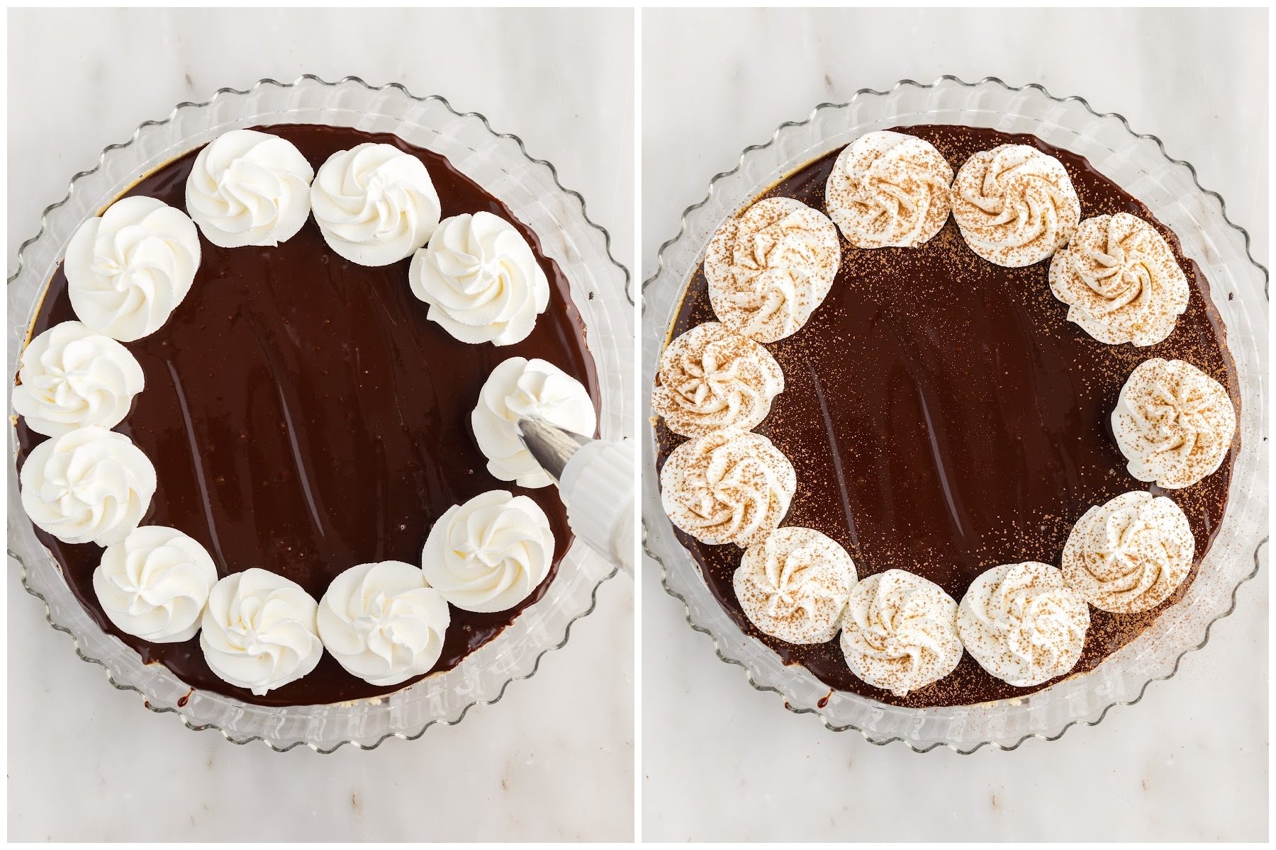 Dollops of whipped cream added to Bailey’s Cheesecake and an image of the Bailey’s Cheesecake after being dusted with cocoa powder.
