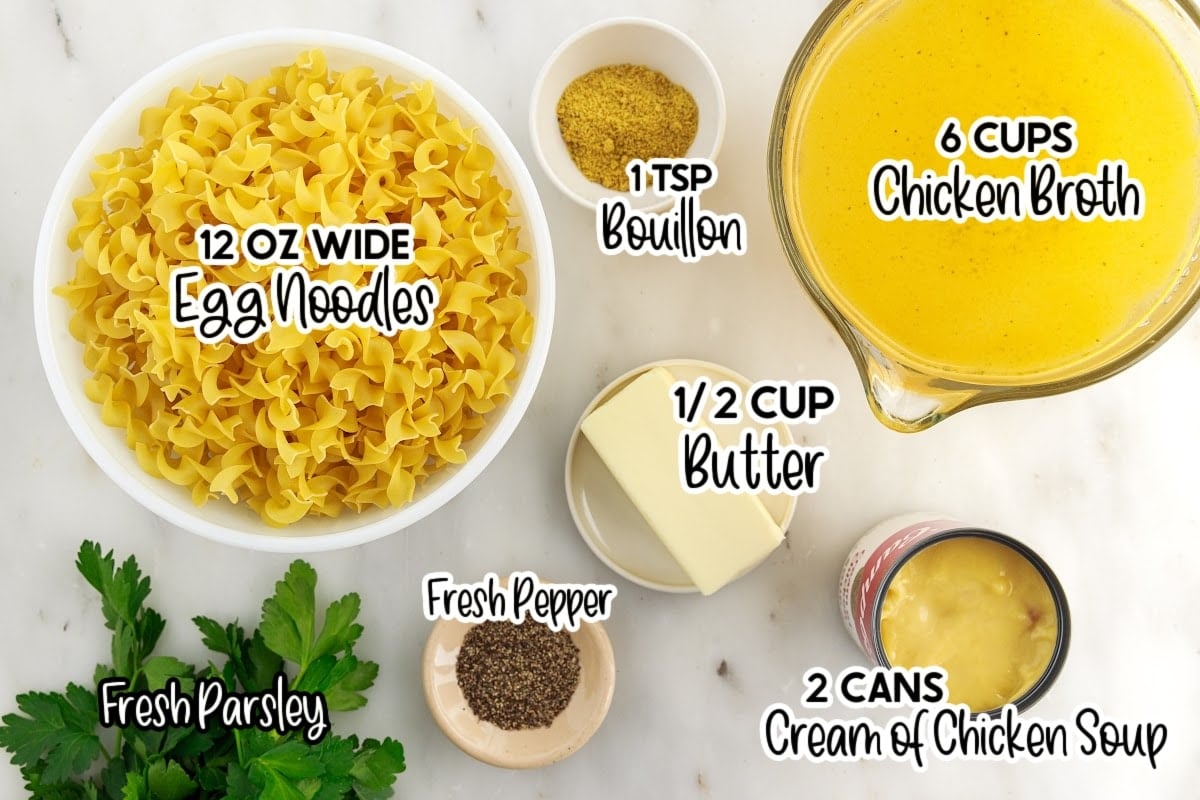 Ingredients needed to make Cafeteria Noodles with text overlay.