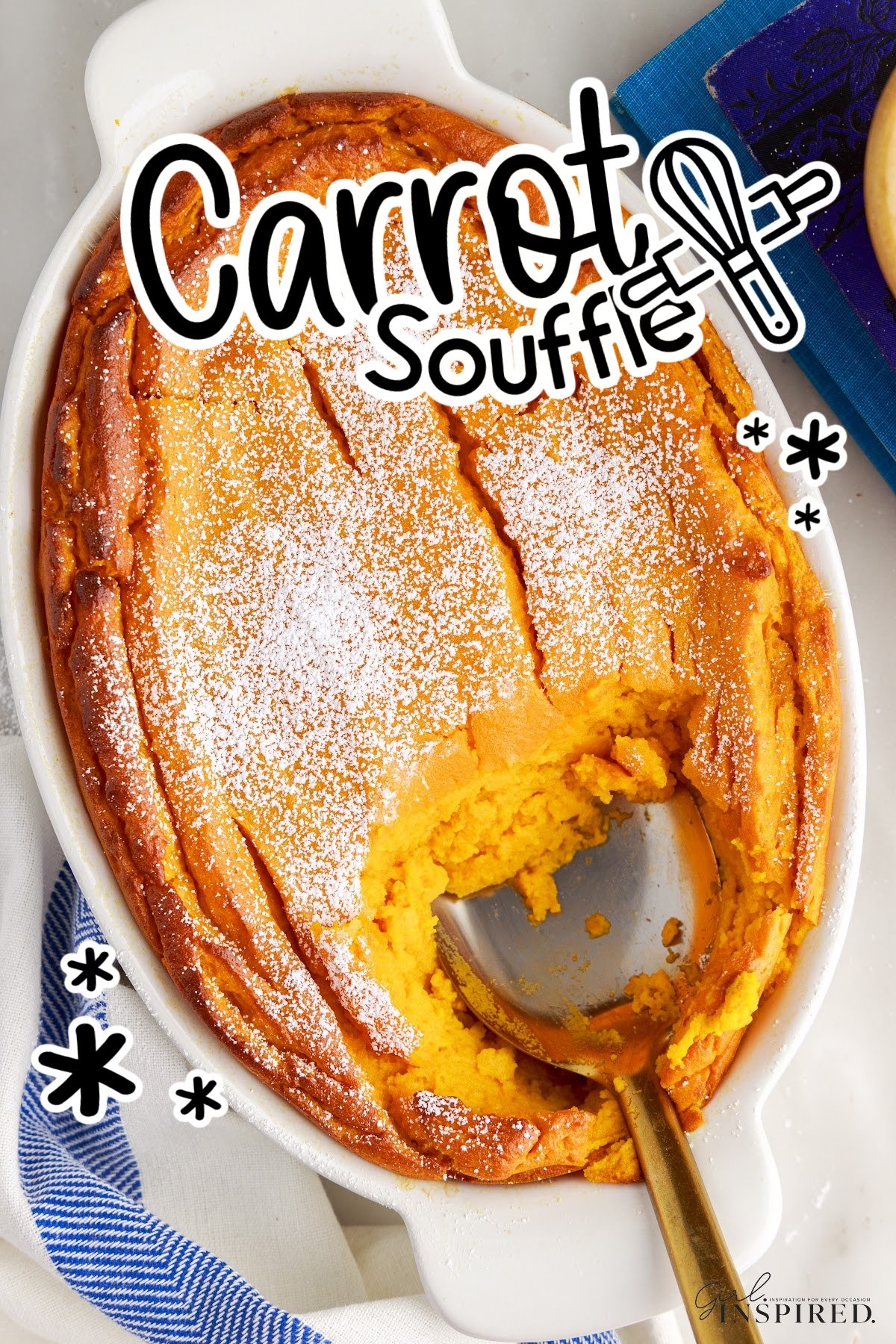 Overhead view of Carrot Souffle in a crockpot with a serving missing and a serving spoon inserted with text overlay.