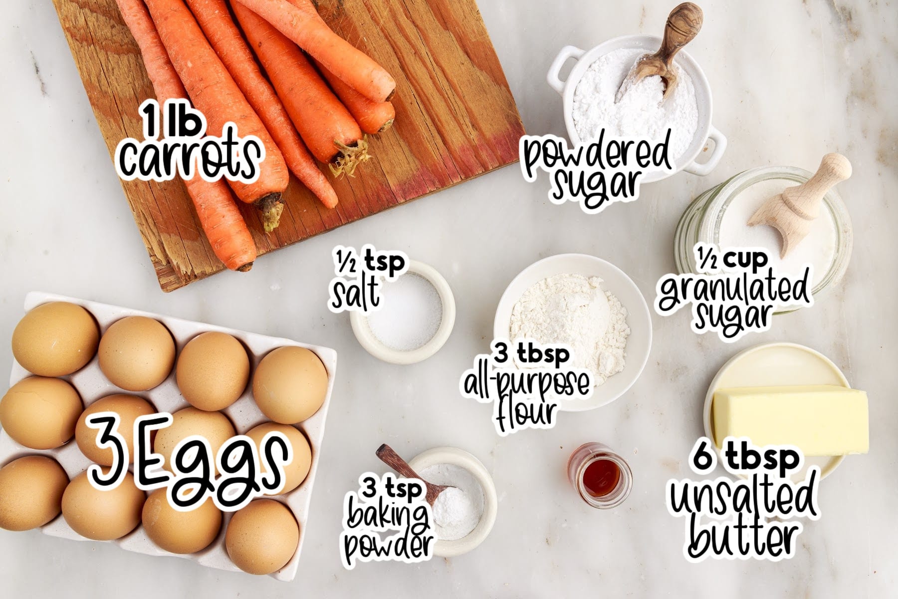 Ingredients needed to make Carrot Souffle with text overlay.