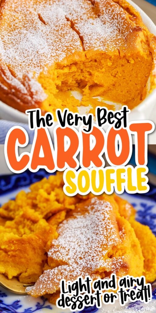 Two images of Carrot Souffle in a crockpot and on a plate with text overlay.