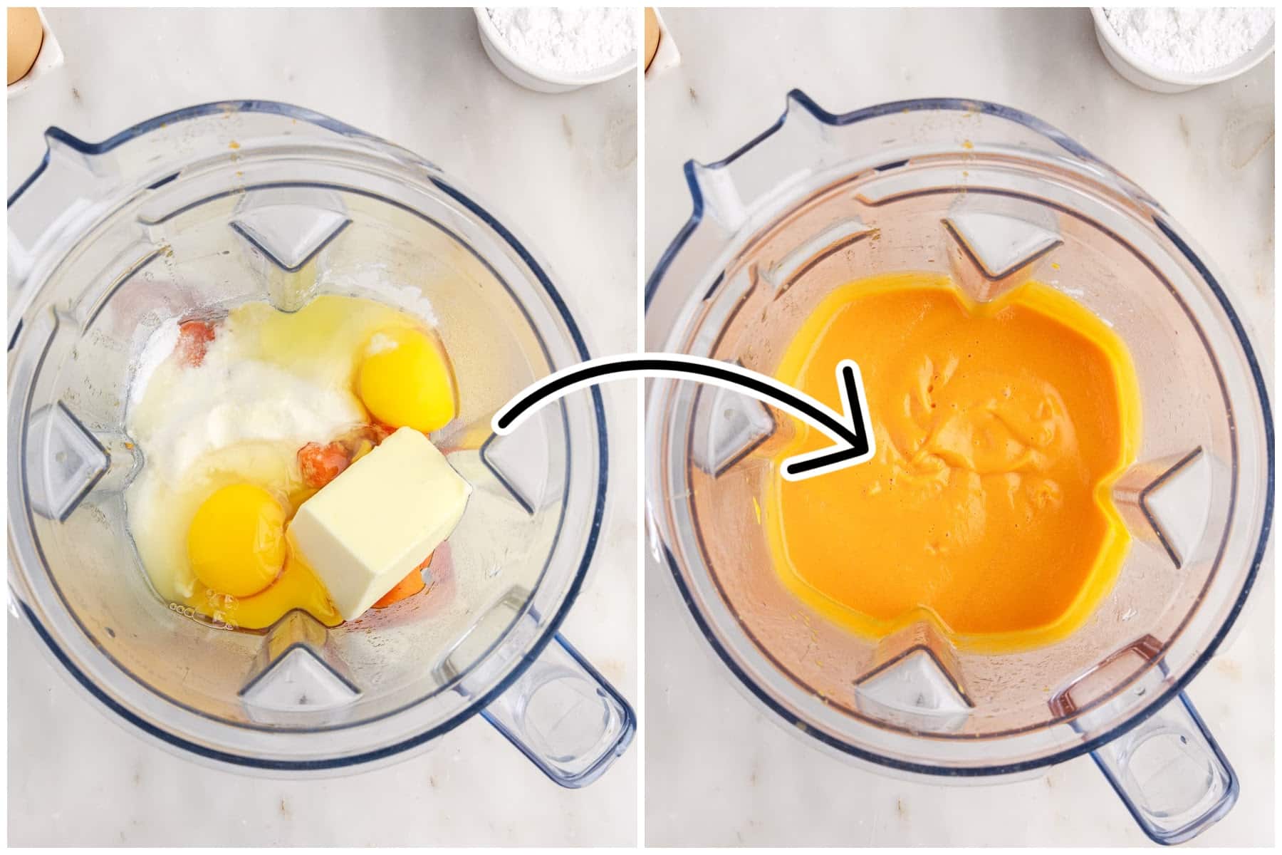 Two images of carrots and remaining ingredients in a food processor and after it has been processed.