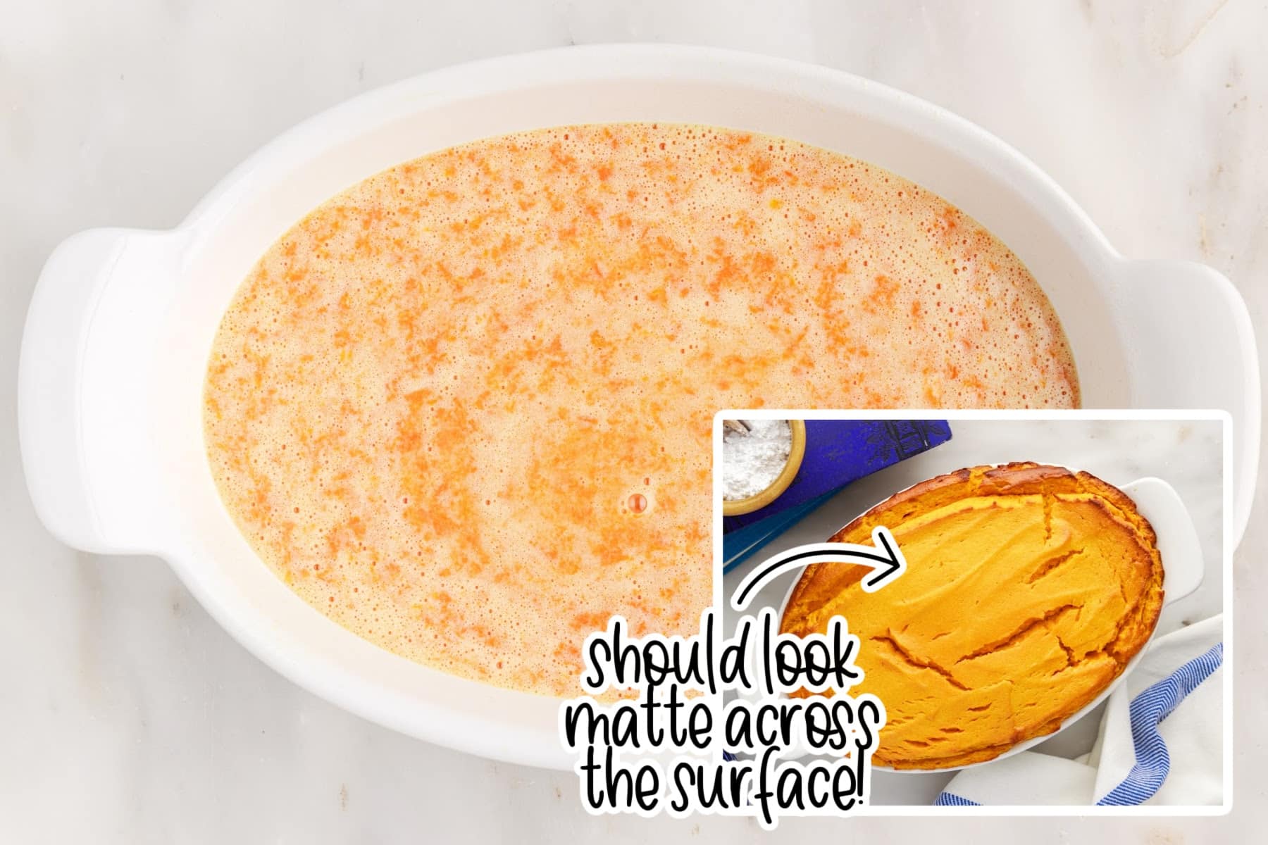 Carrot puree in a crockpot and Carrot Souffle after it has been baked with text overlay.