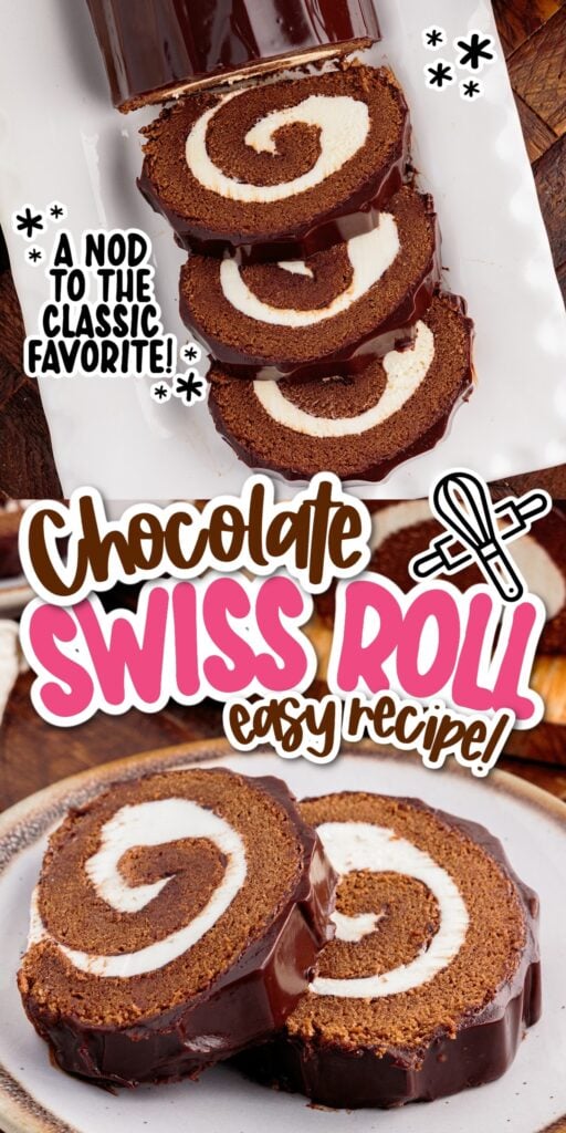 Two images of Chocolate Swiss Roll on a platter with slices cut and two slices on a plate with text overlay.