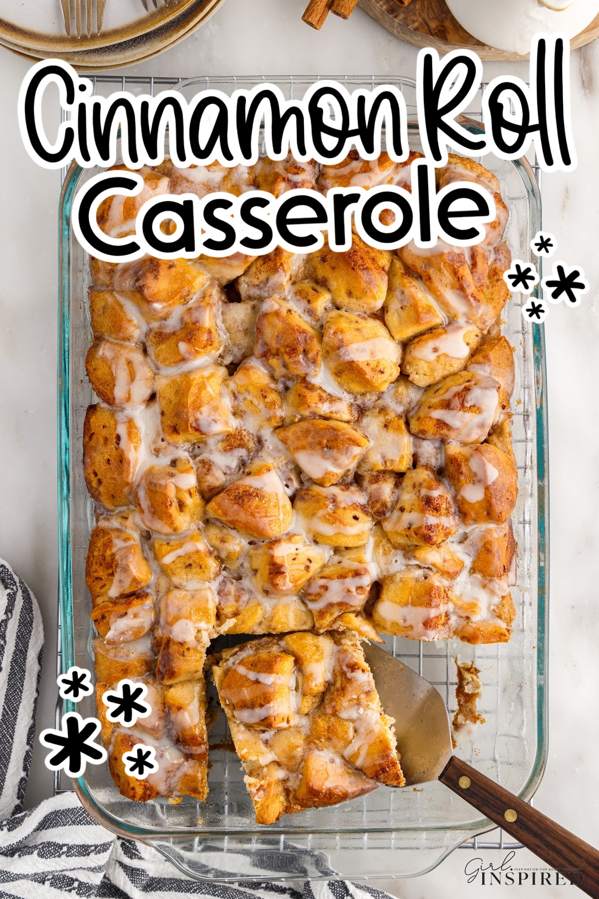 Overhead view of Breakfast Cinnamon Roll Casserole with text overlay.