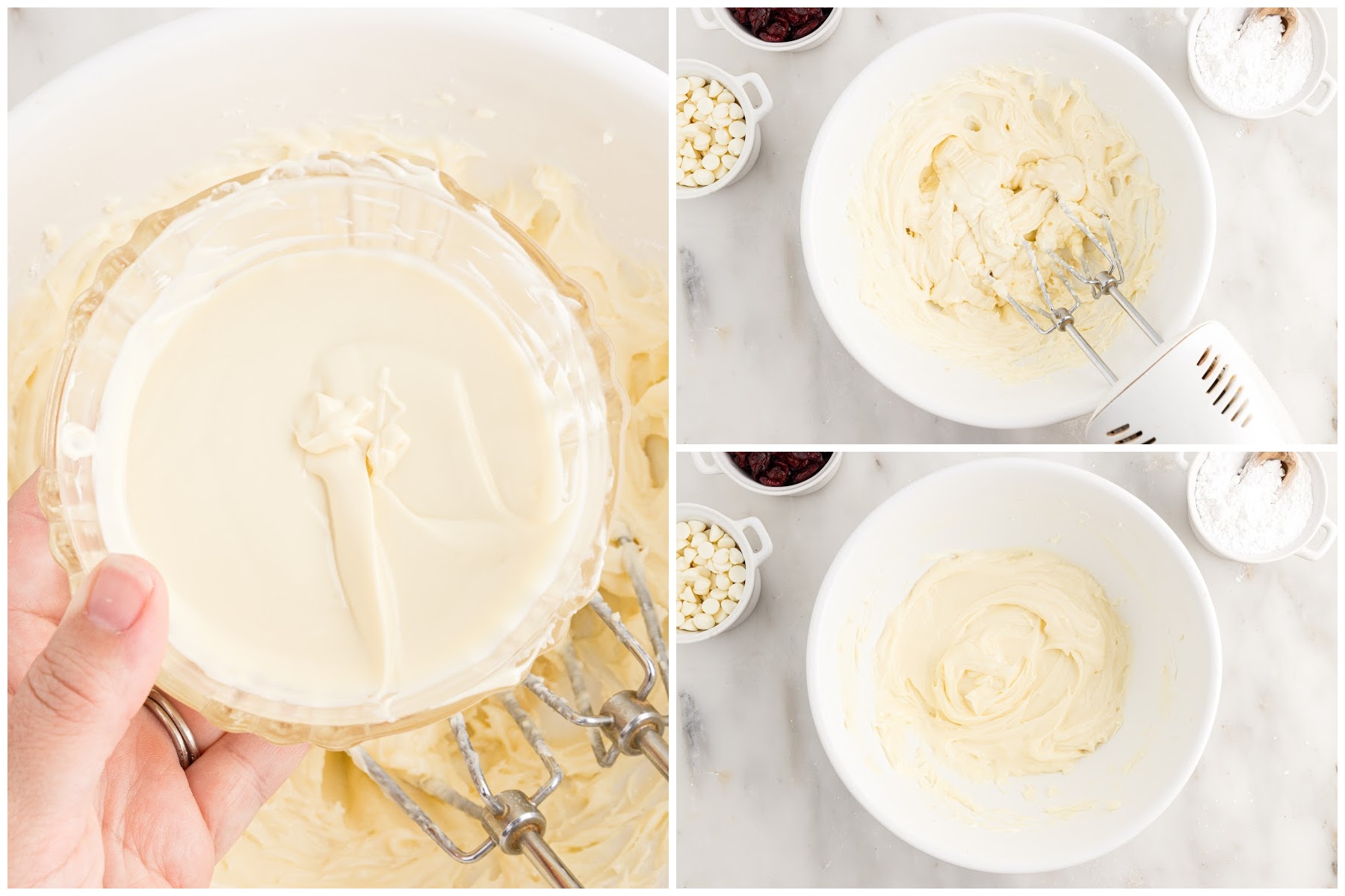 Three images of melted white chocolate and white chocolate added to the icing and icing mixed together in a mixing bowl.
