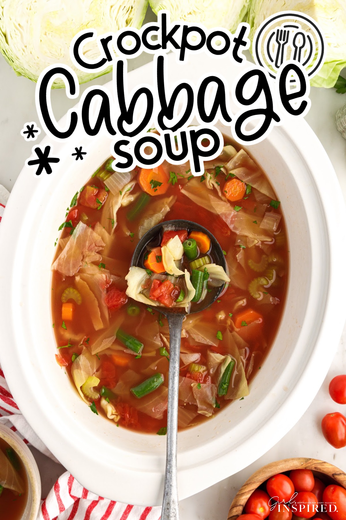 Overhead view of a crockpot full of Crockpot Cabbage Soup with text overlay.