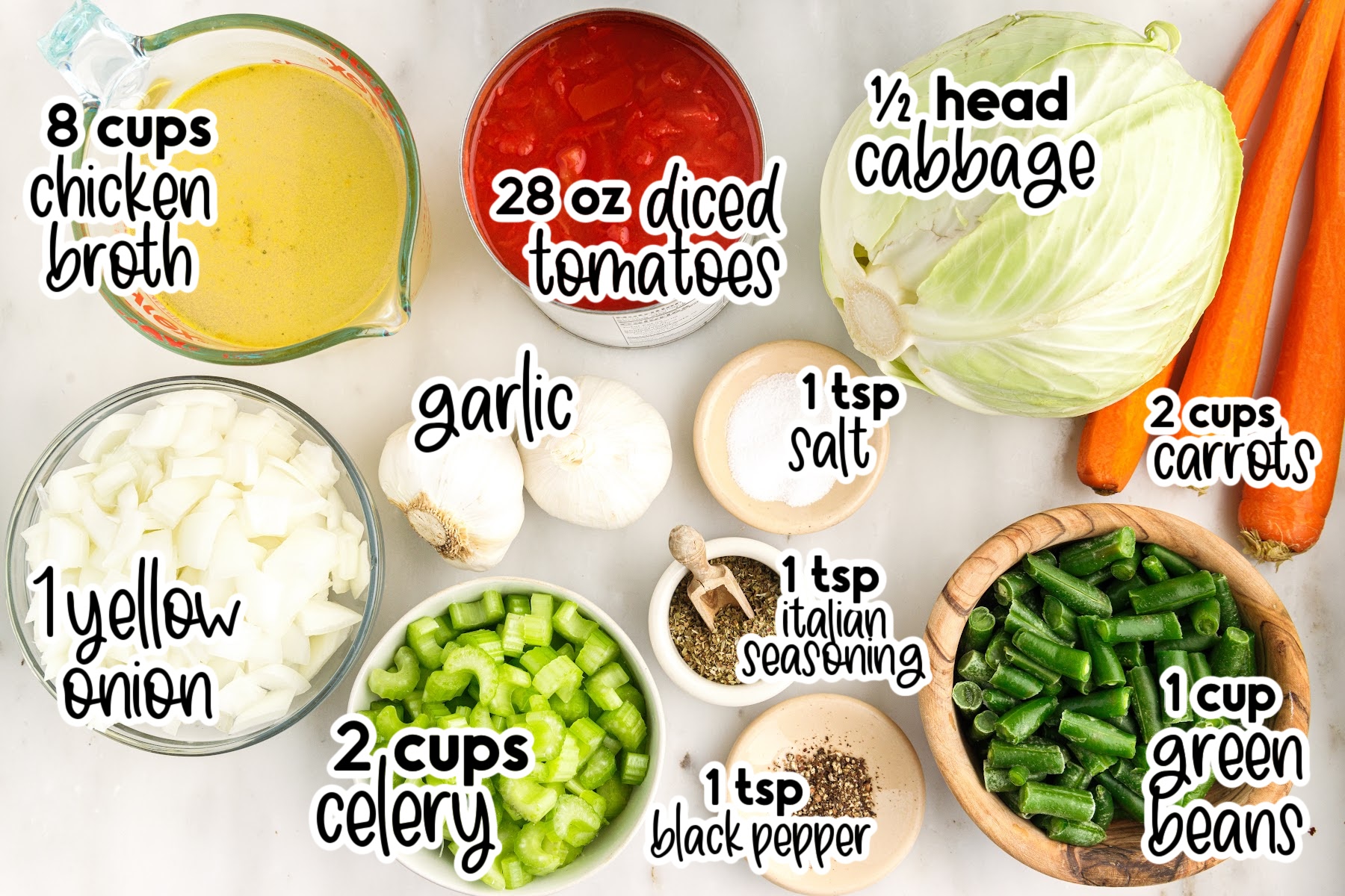 Ingredients needed to make Crockpot Cabbage Soup with text labels.
