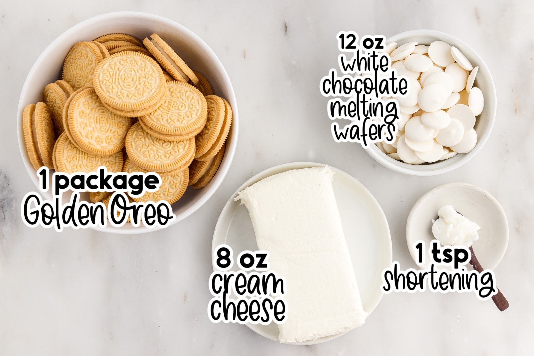Ingredients needed to make Golden Oreo Truffles with text overlay.