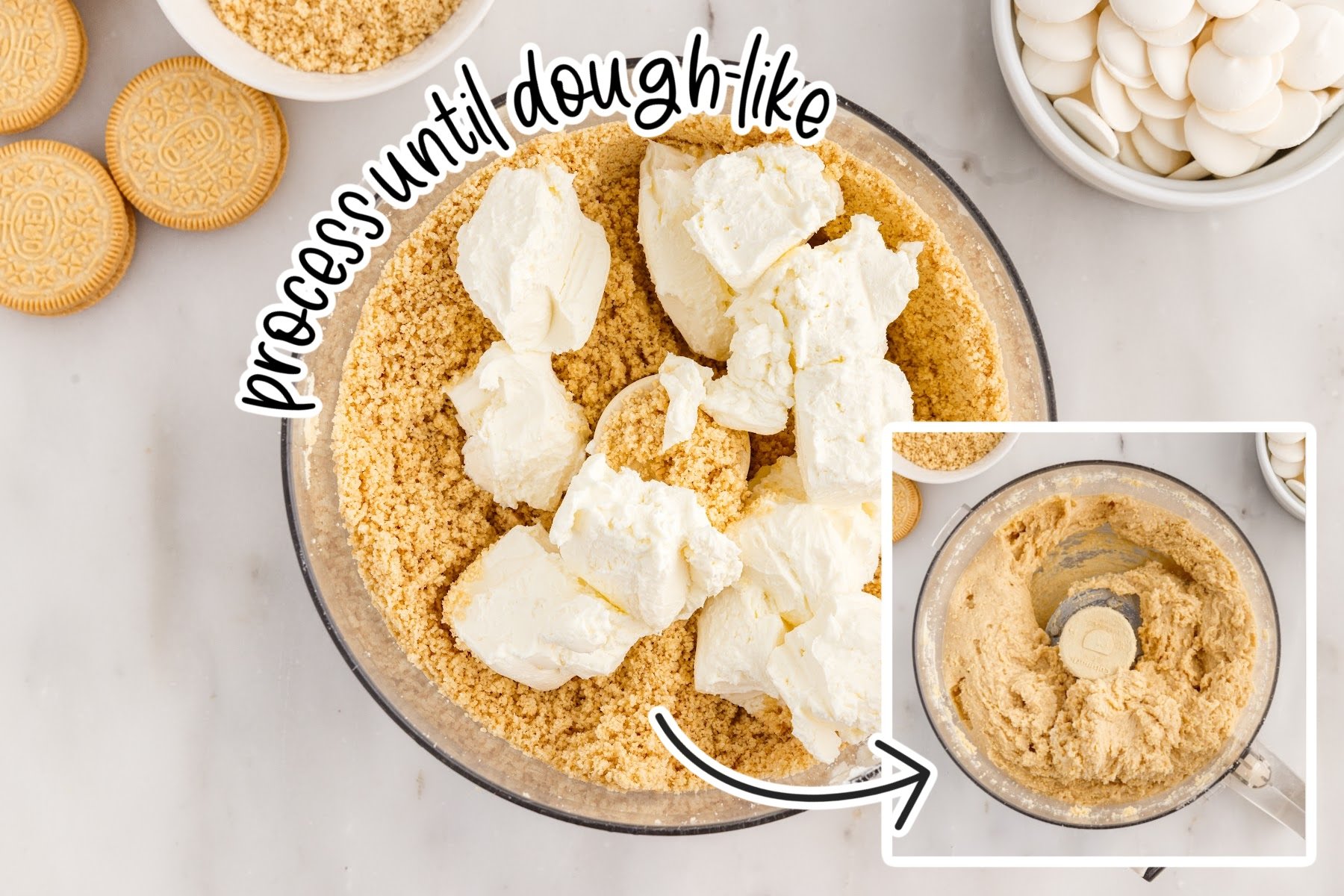 Two images of cream cheese added to Golden Oreos and mixture after it has been processed in a food processor with text overlay.