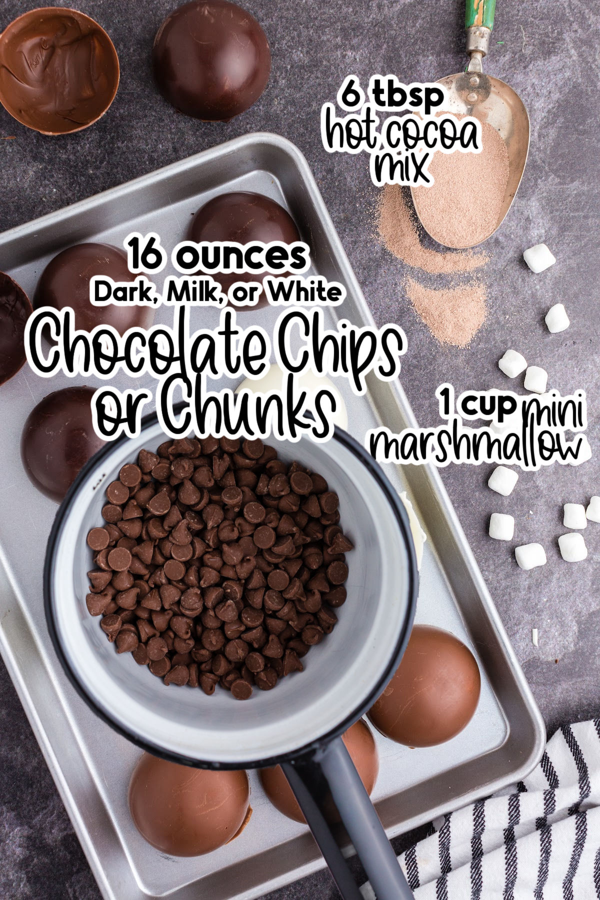 Pan with chocolate chips, scoop of hot cocoa mix, and mini marshmallows with text labels.