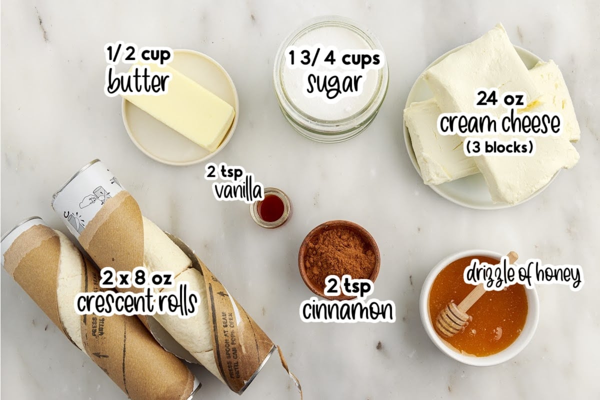 Ingredients needed to make Sopapilla Cheesecake with text overlay.