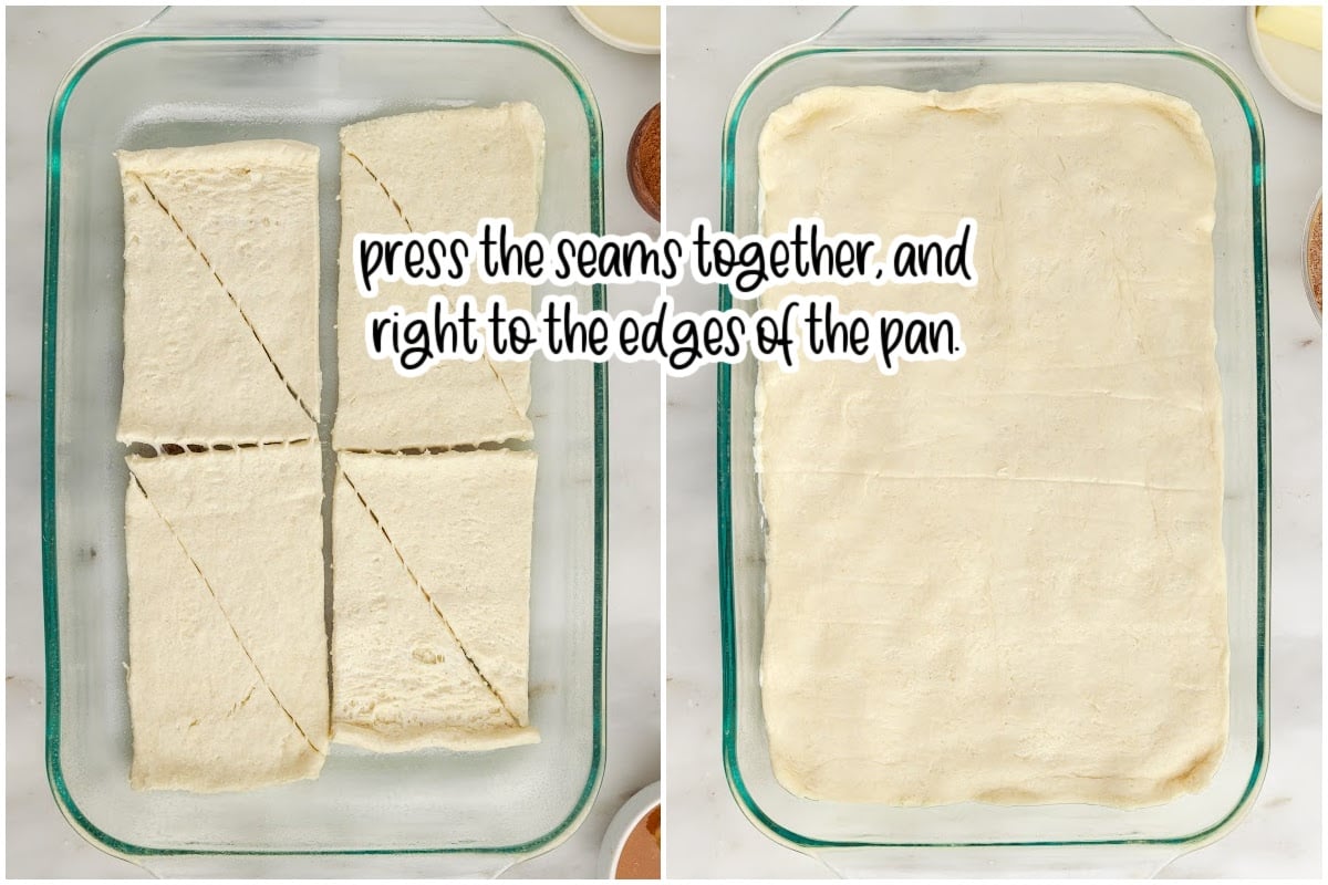 Two images of crescent rolls rolled out and then pressed together with text overlay.