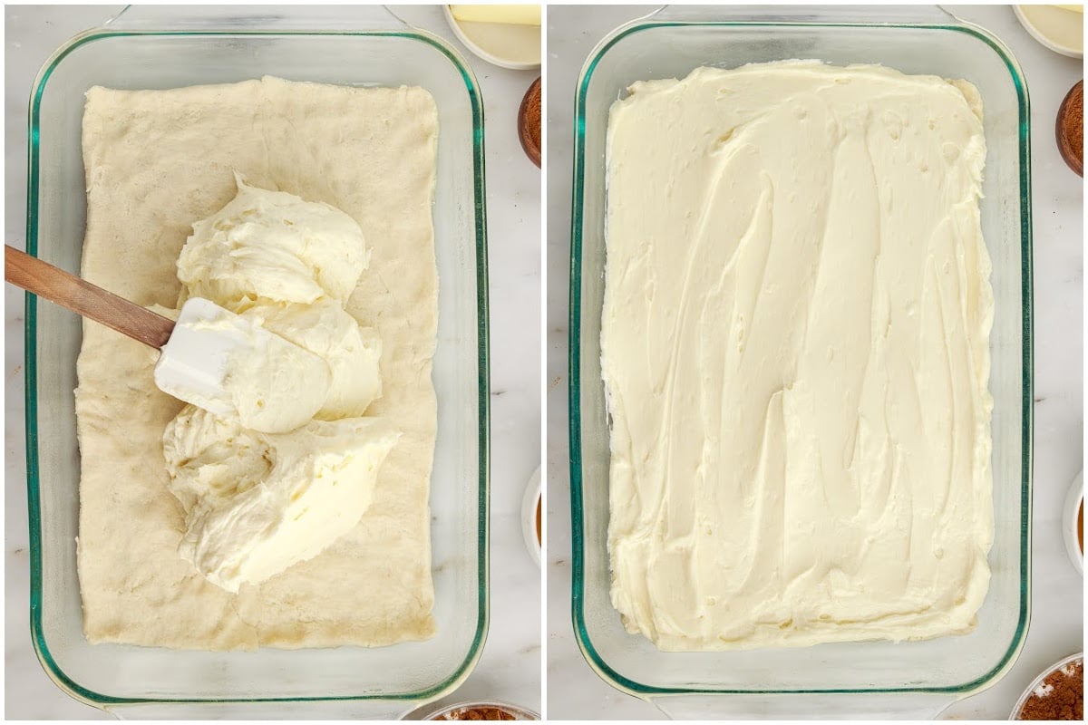 Two images of icing dolloped on crescent rolls and spread out.