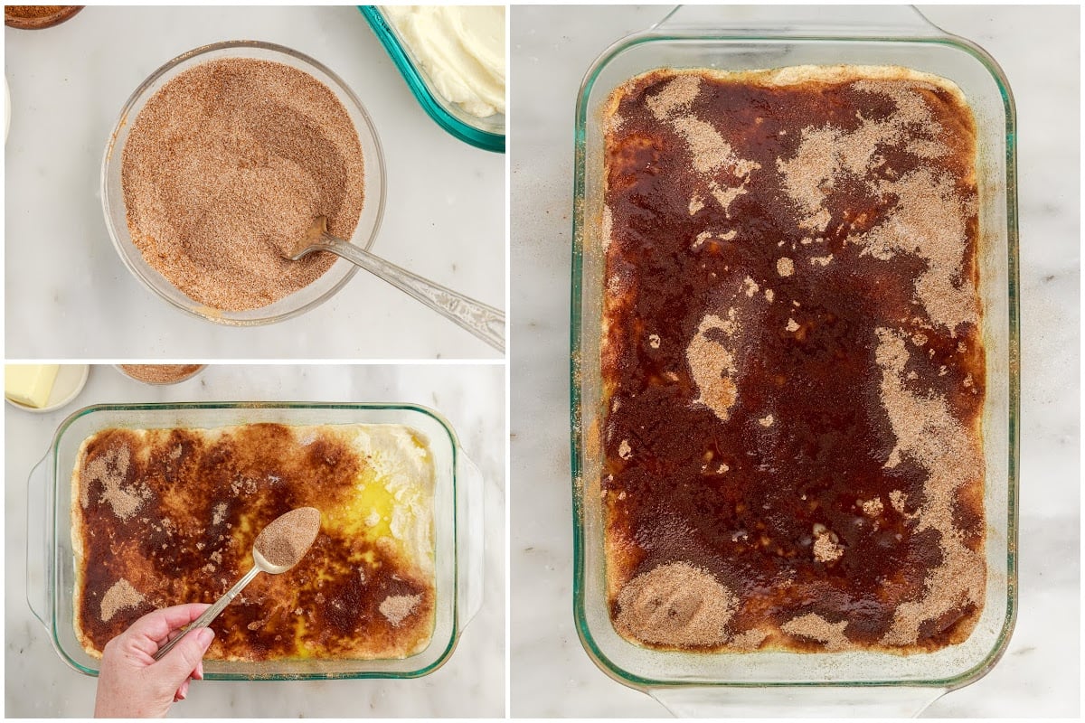 Three images of sugar and cinnamon topping being made and sprinkled on the top of the Sopapilla Cheesecake.